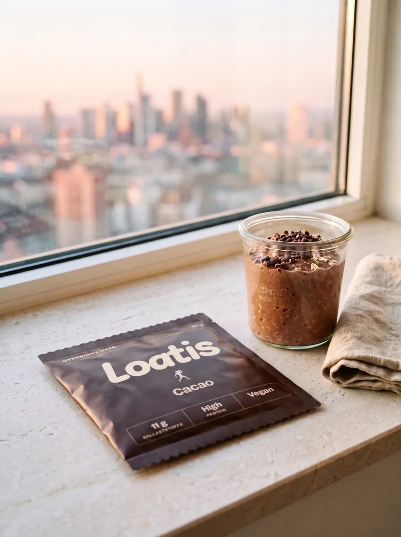 Fensterbank im Loft mit Blick auf die Stadt, ein Glas Overnight Oats und ein Sachet
